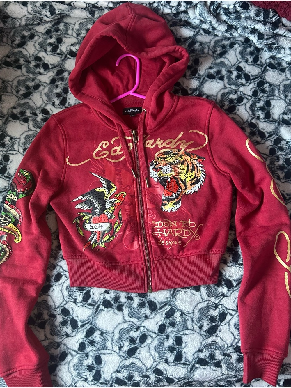 Ed Hardy Red Girls' Zip Hoodie with Tiger & Tattoo Graphics